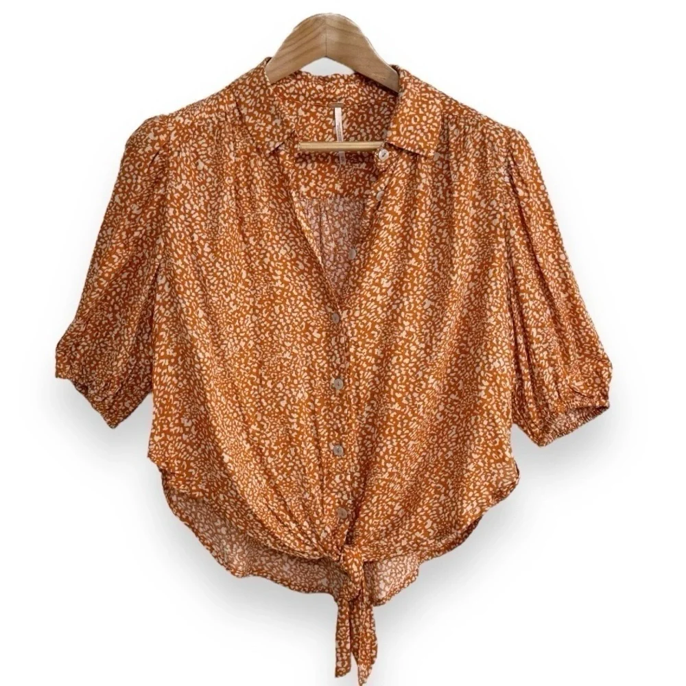 Free People Celia Printed Tie-front Blouse In Rust Combo SZ XS